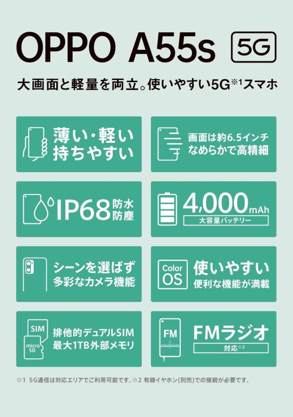 OPPO A55s グリーン CPH2309 docomo/au/SoftBank/Rakuten Mobile 回線対応 5G Simフリー 大画面 防水防塵 スマートフォン - 画像 (2)